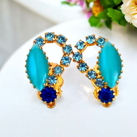 Vintage Brooch & Earrings Set Rhinestones Blue Demi-Parure MCM 9B - Picture 3 of 11